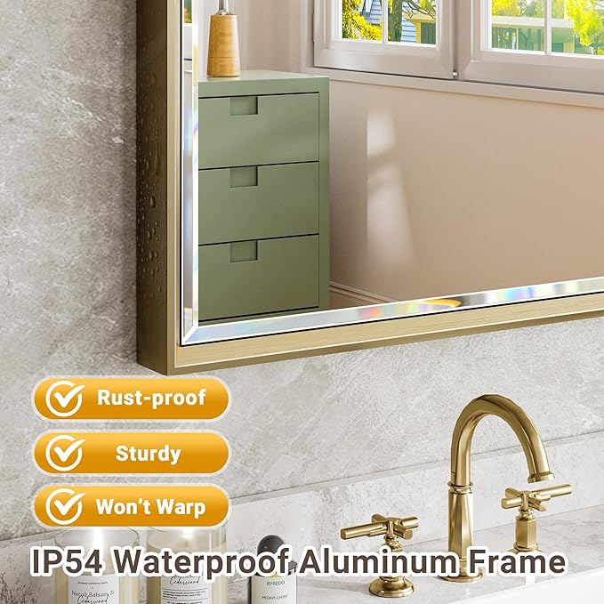 Brushed Gold Bathroom Mirror, Anti-Rust Gold Framed Rectangle Wall Mirror - Image 5