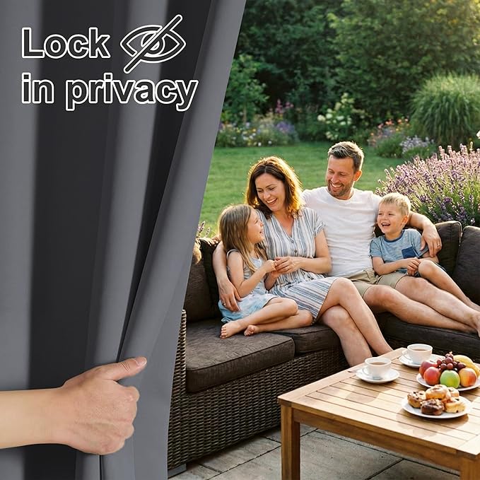 RYB HOME Outdoor Curtains for Patio Waterproof Block Sunlight Thermal Insulated Privacy Assured Thick Outside Curtains for Porch, Gazebo, Pergola, W84 x L108, Grey, 1 Panel