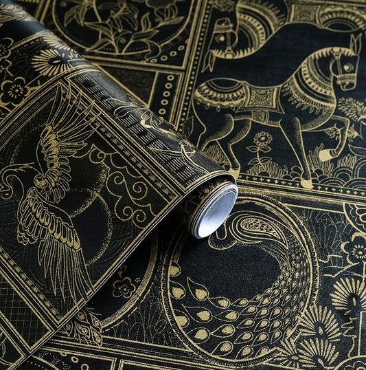Erfoni 394"x17.7" Vintage Peel and Stick Wallpaper Black and Gold Contact Paper by Erfoni