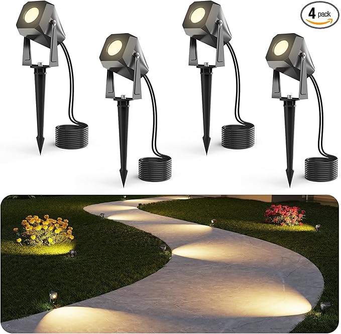 Outdoor Landscape Lighting, 4 Pack Outdoor Spotlights, LED Landscape Lights for House Yard Garden Lawn Tree Fence Plant Flags Pathway, 12V 2700K Warm White, IP65 Waterproof
