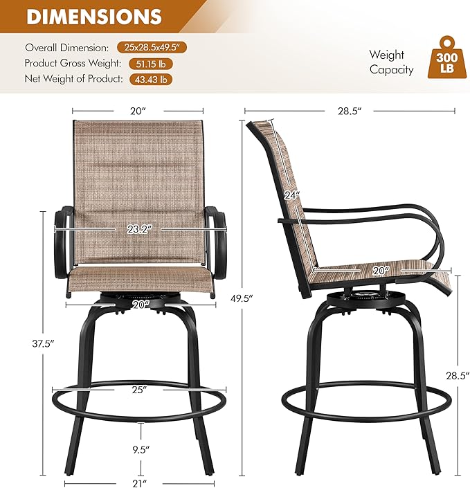 Yaheetech 2 Piece Patio Swivel Bar Stools Texteline Bistro Chairs with High Back/Armrest/Footrest, All Weather Padded Seating Outdoor Furniture Chairs for Outside, Lawn & Garden?Black/Brown