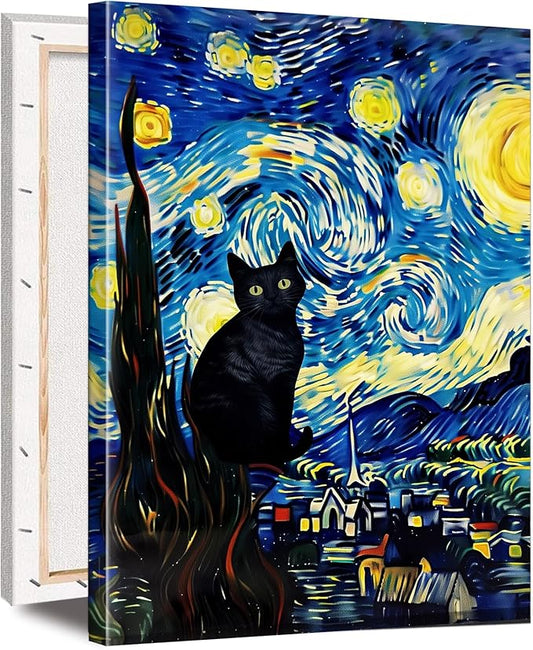ALMLZL Framed Van Gogh The Starry Night Cat Canvas Wall Art Cute Funny Black by ALMLZL