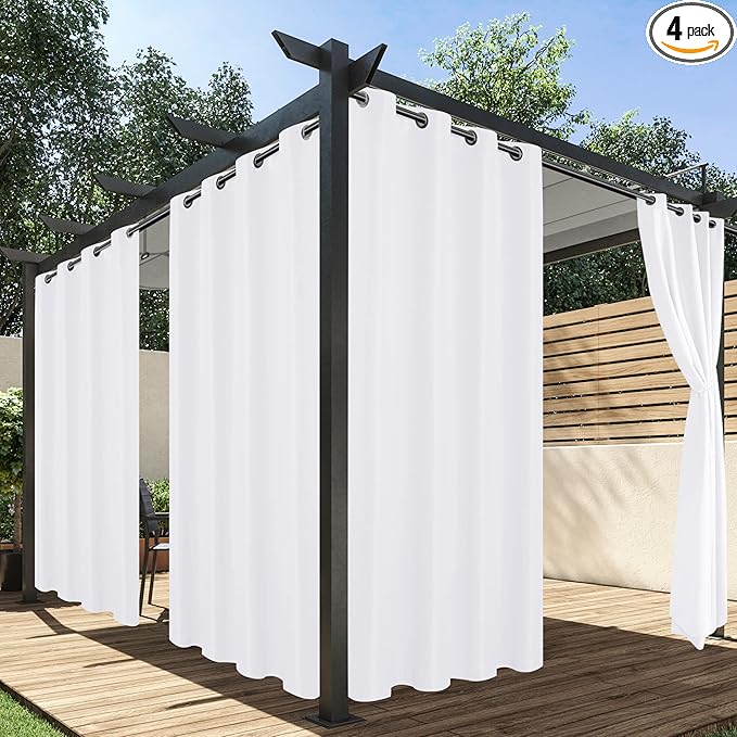 HolidayIdeas White Outdoor Curtains for Patio Waterproof, 4 Panels - 54 x 120 Inch - Privacy Protection & Light Filtering Curtains Grommet Outside Curtains for Porch, Gazebo, Pergola, Backyard