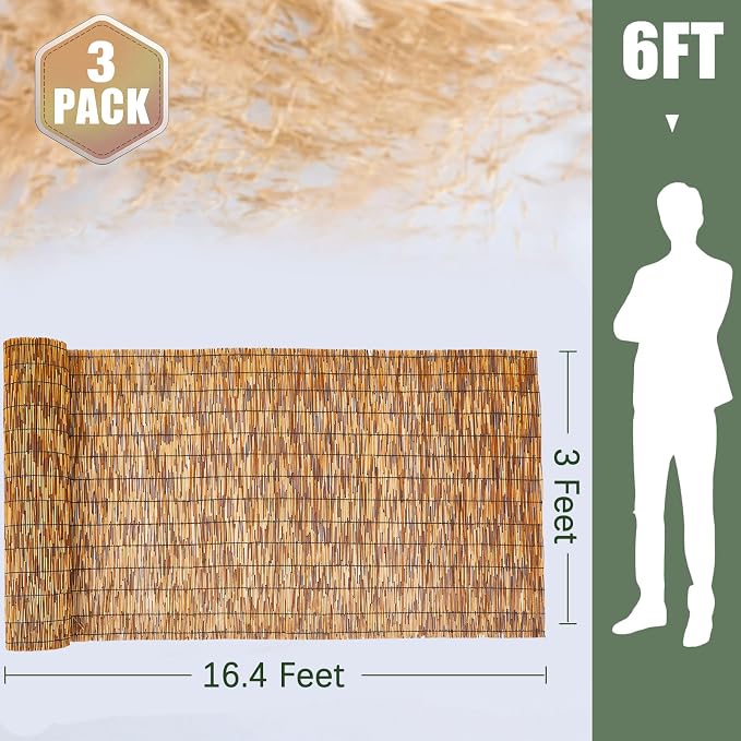 Barydat 3 Pcs 3 x 16.4 ft Reed Fence Roll, 85% Shade Bamboo Privacy Screen - Image 2