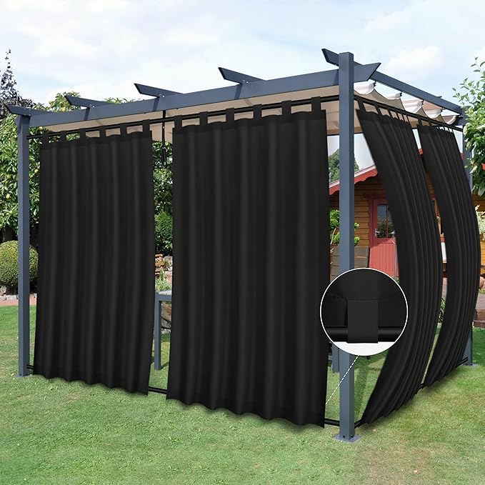Easy-Going Outdoor Patio Curtains Detachable Tab Top Windproof Weatherproof Curtain for Cabana, Porch, Pergola and Gazebo, Tab Bottom Drape, 2 Panels, 54W x 84L inch, Black
