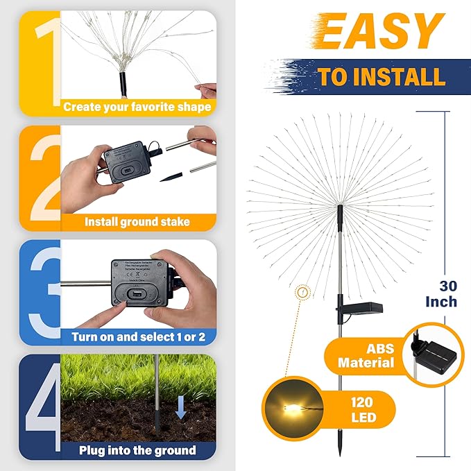 Solar Garden Lights Outdoor Decorative, 4pack 120 LED Firework Lights Waterproof，Solar Fairy Lights for Outside,Garden,Yard, Patio,Pathway,Flowerbed,Party(Warm White)