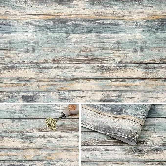Arthome 17''x120'' Blue Rustic Wood Paper Self-Adhesive Removable Peel and by ArthomeWALLDECOR