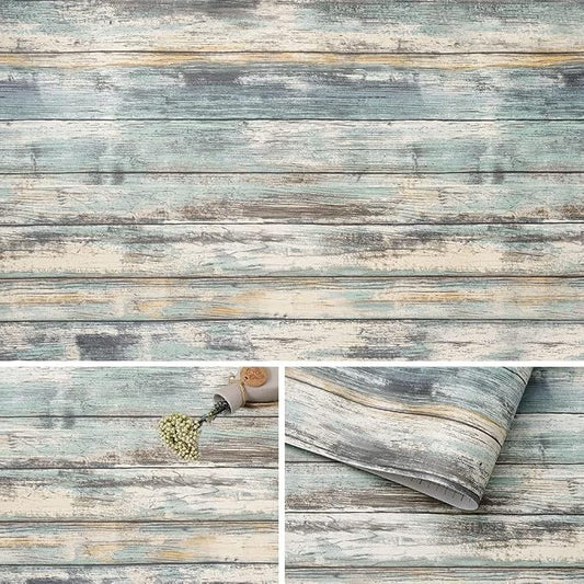 Arthome 17''x120'' Blue Rustic Wood Paper Self-Adhesive Removable Peel and by ArthomeWALLDECOR