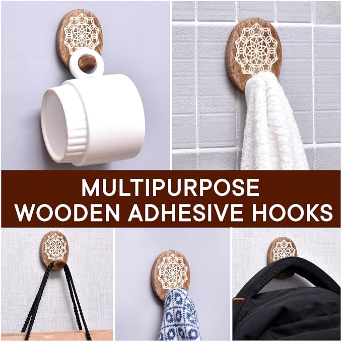Indian Shelf 6 Lb- 6 Pieces Decorative Wood Adhesive Wall Hooks–Boho Peel and - Image 4