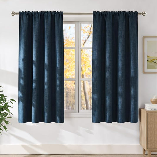 NICETOWN Navy Blue Faux Linen Room Darkening Rod Pocket Curtains 63 inch Length by NICETOWN
