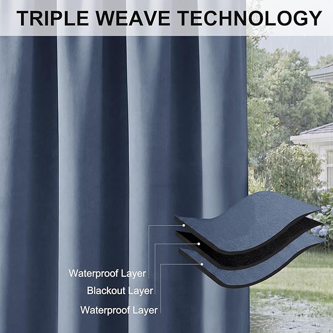 RYB HOME Extra Wide Outdoor Curtains for Patio Waterproof Heavy Duty Thermal Insulated in Summer Full Coverage Privacy for Porch, Cabana & Pool, W150 x L95, Stone Blue, 1 Panel