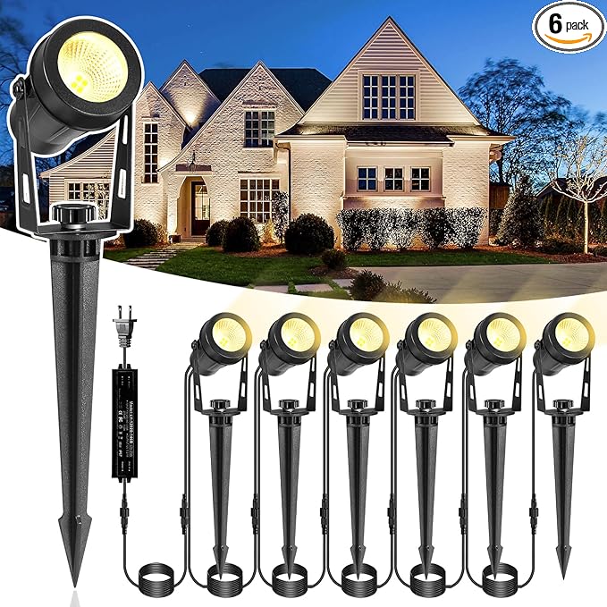 ALOVECO Low Voltage Landscape Lights, 6 Pack LED Spot Lights Outdoor with 30W Transformer IP65 Waterproof, Plug in Outdoor Landscape Lighting for Yard Garden Tree House Flag Pathway (Warm White 2700K)