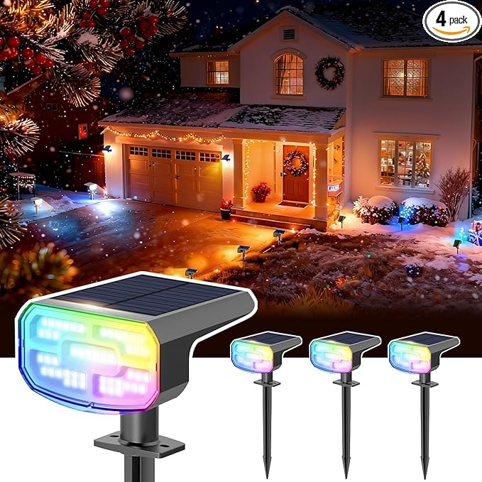 DAMINY Color Changing Solar Spot Lights 9 Lighting Modes, Outdoor Waterproof IP65,Multicolor RGB Christmas Spotlight for Gardens, Porches, Landscape, Yard Deconrations-4 Pack