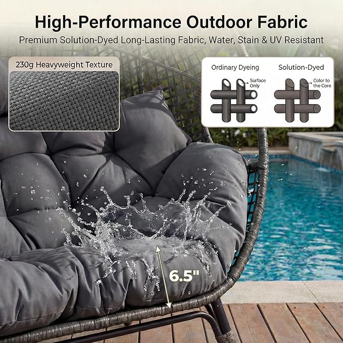 NICESOUL® Double Egg Chair Indoor Outdoor Stationary Oversized 6.5" Thick Padded Cushions,2 Person Egg Wicker Loveseat Chair,680 lbs Extra Large Lounge Chair for Patio Balcony Porch Backyard Gray