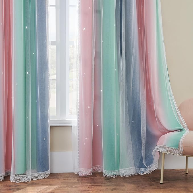 XiDi Curtains for Bedroom Decor, Rainbow Pinkgreen grey52/45 - Image 4