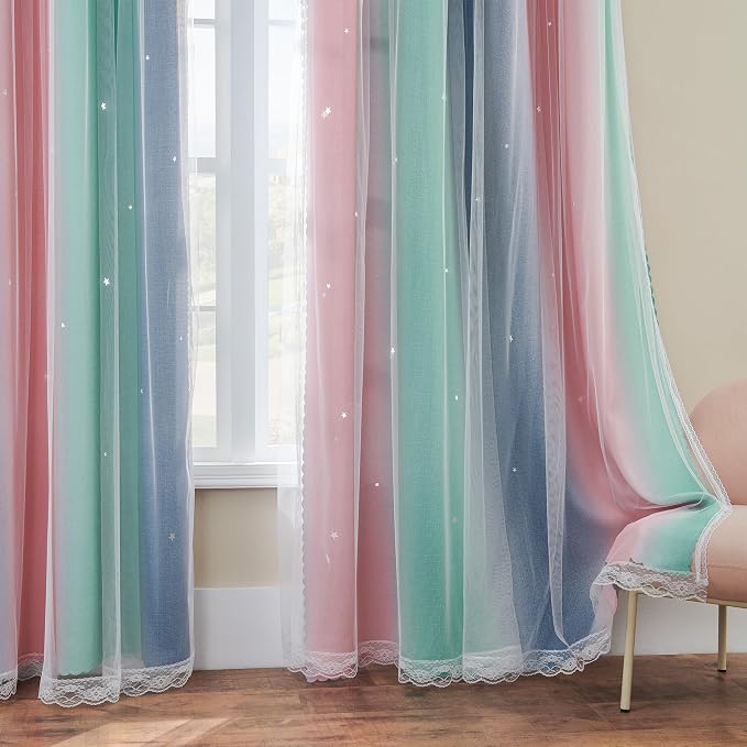 XiDi Curtains for Bedroom Decor, Rainbow Pinkgreen grey34/90 - Image 3
