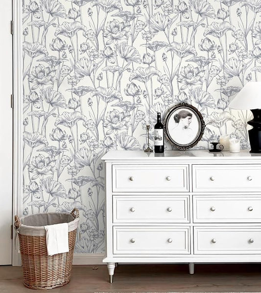 Timeet Floral Peel and Stick Wallpaper 16" x 197" White and Purple Wallpaper by Timeet