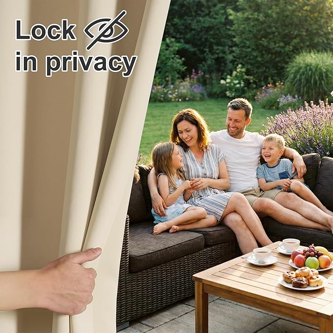 RYB HOME Outdoor Curtains for Patio Waterproof Block Sunlight Thermal Insulated Privacy Assured Thick Outside Curtains for Porch, Gazebo, Pergola, W52 x L95, Biscotti Beige, 1 Panel