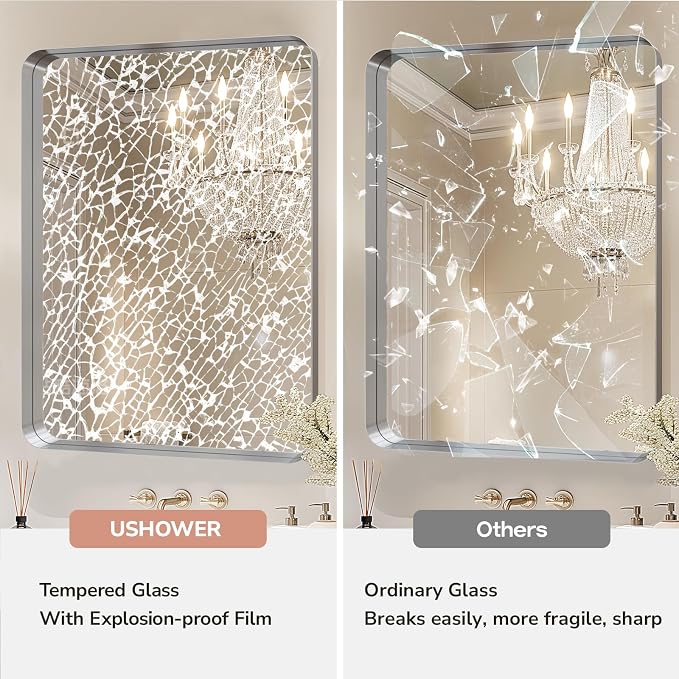 USHOWER Brushed Nickel Bathroom Mirror 30"x40", Rounded Corner, Aluminum Frame - Image 4