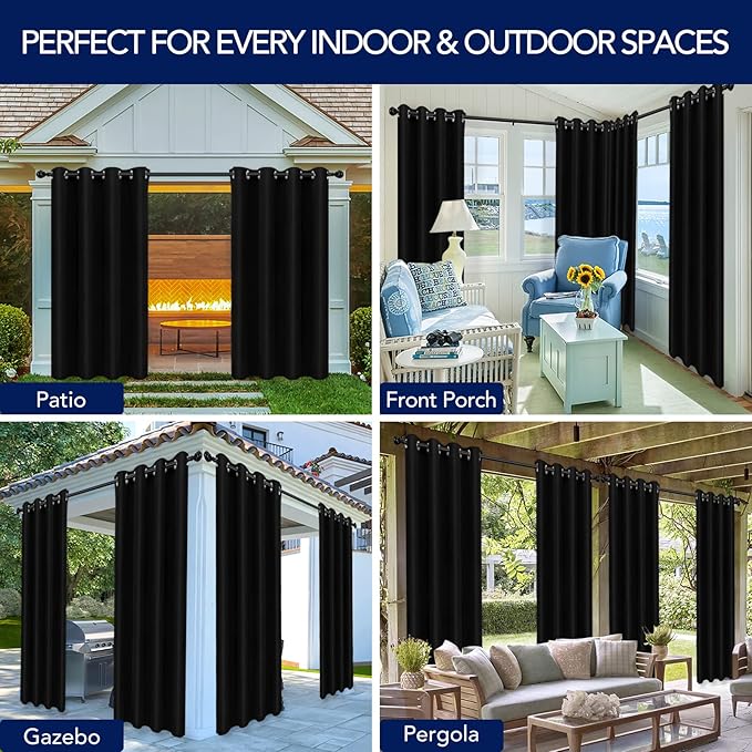 PureFit Outdoor Curtains for Patio Waterproof Weatherproof, UV and Fade Resistant Outside Curtains for Gazebo, Front Porch, Pergola, Sun Blocking Privacy Curtain, 52W x 84L inch, 1 Panel, Black