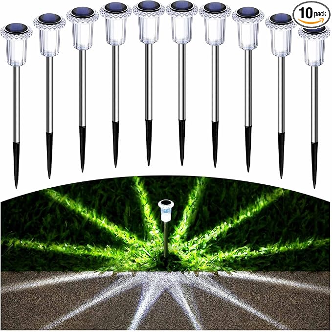 Solar Pathway Lights 10 Pack Christmas Solar Lights Outdoor Waterproof 6000K Cold White Yard Lighting, LED Stainless Steel Stake (Pink, 10 Pack)