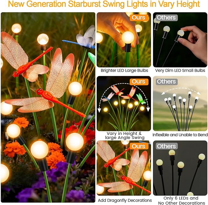 Solar Garden Lights Outdoor - 4 Pack Dragonfly Solar Swaying Light, Sway by Wind, Firefly Lights Outdoor Yard Patio Pathway Decoration, Big Bulb, High Flexibility Iron Wire & Realistic Dragonflies