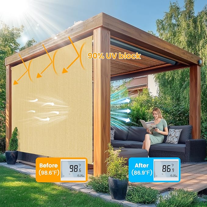 8'W x 6'H Sesame Patio Shades Roll up Outdoor Roller Shade Crank Wand Blind - Image 2