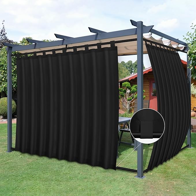 Easy-Going Outdoor Patio Curtains Detachable Tab Top Windproof Weatherproof Curtain for Cabana, Porch, Pergola and Gazebo, Tab Bottom Drape, 2 Panels, 110W x 108L inch, Black