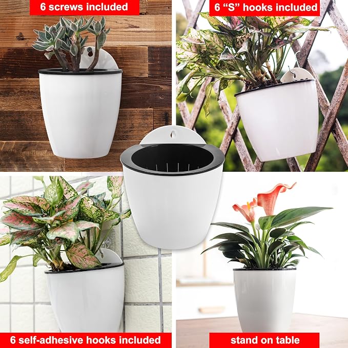 6 Pack White Hanging Planter Pots Self Watering Vertical Garden Wall Mount - Image 9