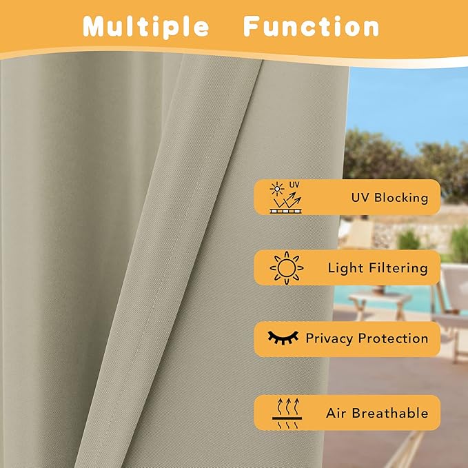 HolidayIdeas Outdoor Curtains for Patio Waterproof, 4 Panels - 54 x 84 Inch - Privacy Protection & Light Filtering Curtains Taupe Grommet Outside Curtains for Porch, Gazebo, Pergola, Backyard