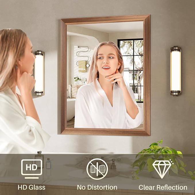 24x30 Inch Bathroom Mirror for Wall, Anti-Rust Walnut Wood Grain Metal Framed - Image 6