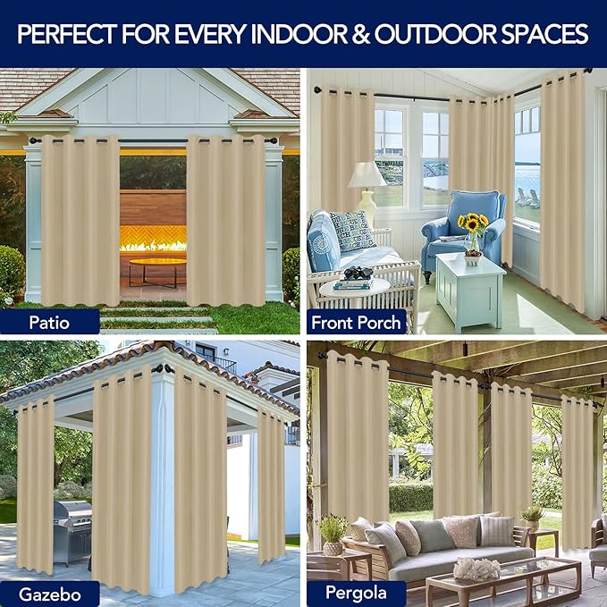 PureFit Outdoor Curtains for Patio Waterproof Weatherproof, UV Resistant Outside Curtains for Gazebo, Front Porch, Pergola, Sun Blocking Privacy Curtain, 52W x 84L inch, Set of 2, Beige
