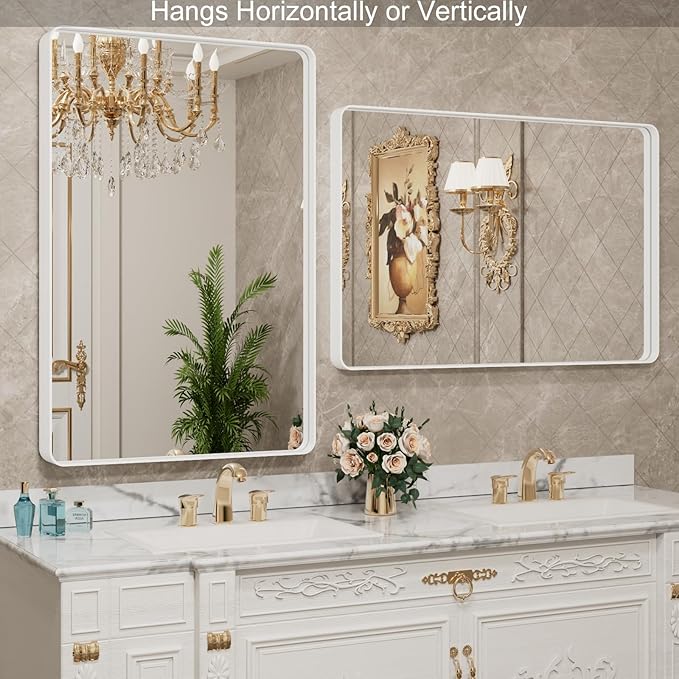 LOAAO 32x36 Inch White Metal Framed Bathroom Mirror - Image 3