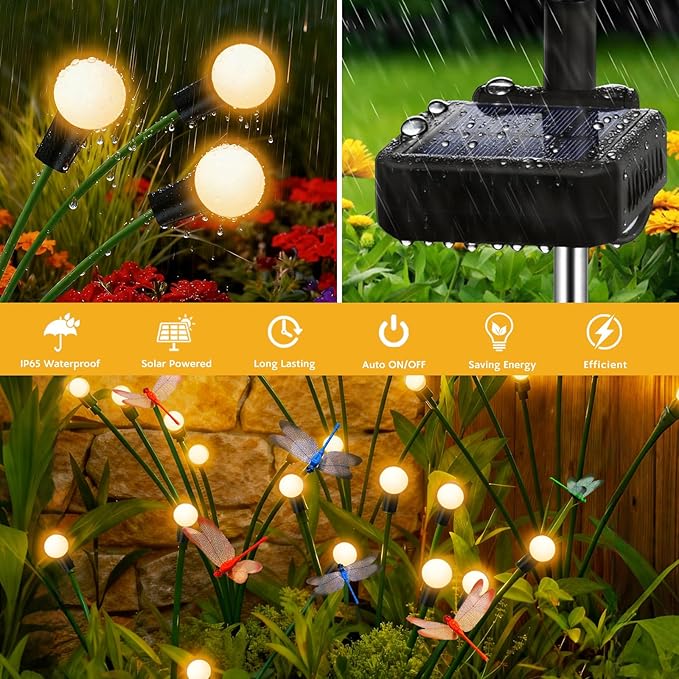 Solar Garden Lights Outdoor - 8 Pack Dragonfly Solar Swaying Light, Sway by Wind, Firefly Lights Outdoor Yard Patio Pathway Decoration, Big Bulb, High Flexibility Iron Wire & Realistic Dragonflies