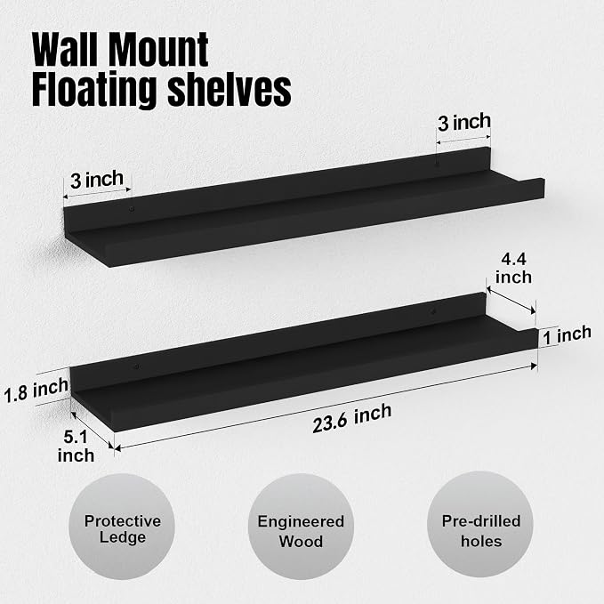 Boswillon Long Floating Shelves, 2 Set Modern Black Wall Shelf - Image 3