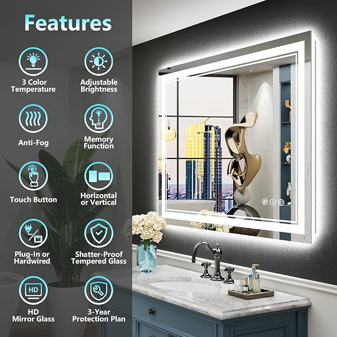 32x36 LED Bathroom Mirror with Lights, Backlit and Front Lit, Anti-Fog Lighted - Image 2