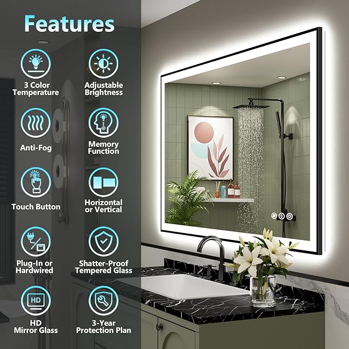48x38 Black Framed LED Bathroom Mirror - Image 2