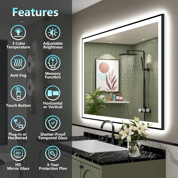 44x36 Black Framed LED Bathroom Mirror - Image 2