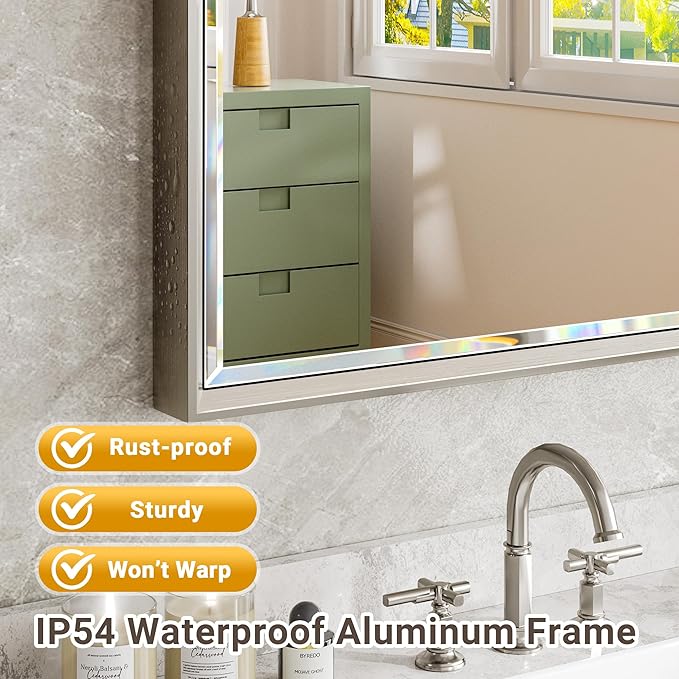 72 x 36 Brushed Nickel Bathroom Mirror, Beveled Framed Rectangle, Shatterproof - Image 4
