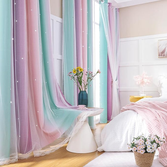 XiDi Curtains for Bedroom Decor, Rainbow PinkPuGreen-62-84 by Addsomecolortolife