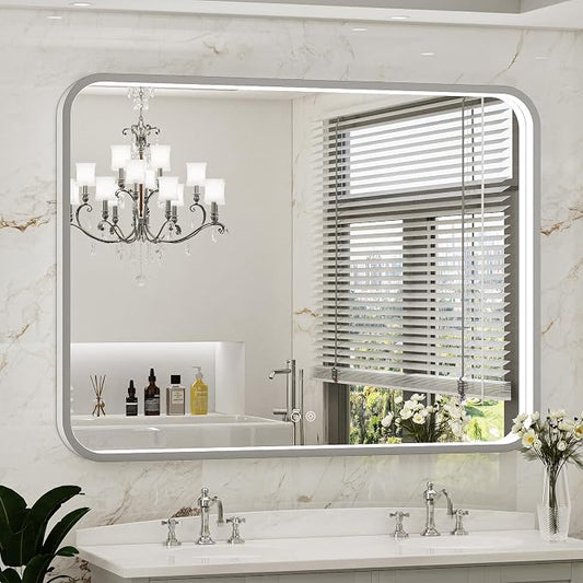 LED Bathroom Mirror with Lights, 48x36 Inch Brushed Silver Framed Lighted by FTOTI