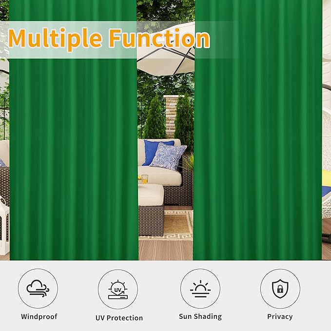 Easy-Going Outdoor Patio Curtains Detachable Tab Top Windproof Weatherproof Curtain for Cabana, Porch, Pergola and Gazebo, Tab Bottom Drape, 2 Panels, 54W x 84L inch, Green