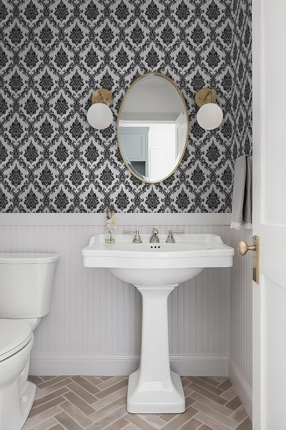 17.7" x 197" Peel and Stick Wallpaper Black Vintage Wallpaper Damask Contact - Image 3