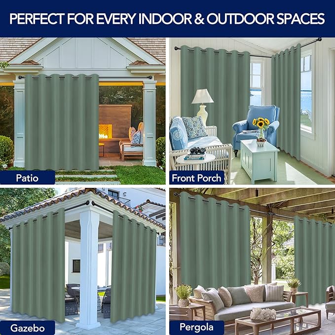 PureFit Outdoor Curtains for Patio Waterproof Weatherproof, UV Resistant Outside Curtains for Gazebo, Front Porch, Pergola, Sun Blocking Privacy Curtain, 100W x 84L inch, 1 Panel, Sage Green