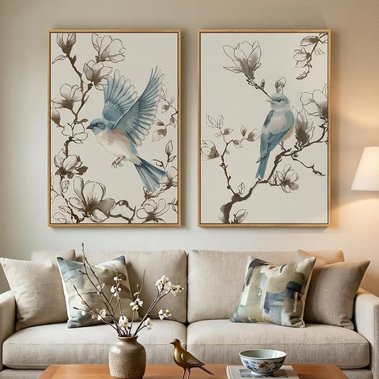 Framed Vintage Botanical Bird Wall Art, 2 Piece Neutral Minimalist Floral by Cuspin