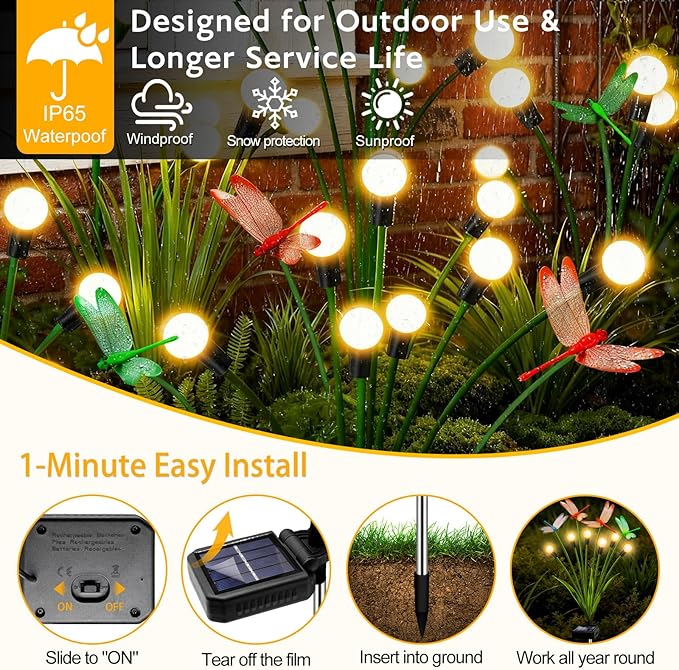 Solar Garden Lights Outdoor - 8 Pack Dragonfly Solar Swaying Light, Sway by Wind, Firefly Lights Outdoor Yard Patio Pathway Decoration, Big Bulb, High Flexibility Iron Wire & Realistic Dragonflies