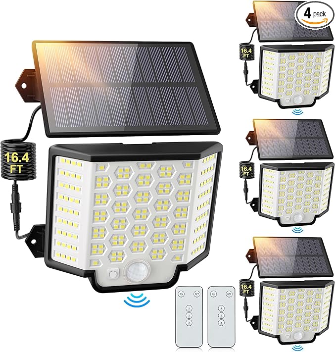 Solar Lights Outdoor Waterproof, 186 Bright LEDs Dusk to Dawn Motion Security Flood Lights with Remote for Outside, Garage,Yard,Patio, 4 Pack
