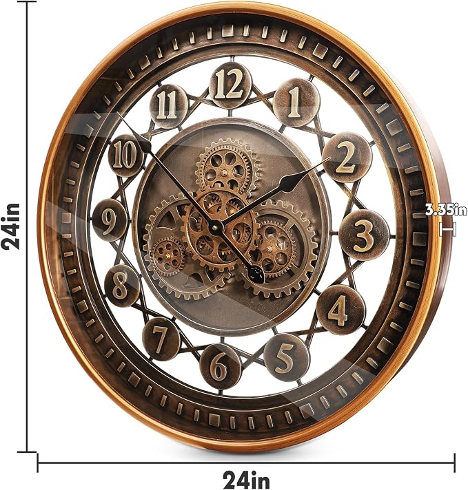 24 Inch Wall Clock with Moving Gears Large Industrial Steampunk Metal Clock - Image 4