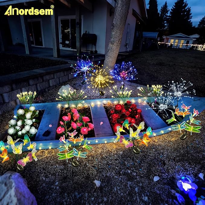 Anordsem Solar Garden Lights Outdoor: 8 Removable Optical Fiber Butterflies 2 Pack - Waterproof Fun Animal Decoration for Yard Patio Path - Gardening Gifts for Garden Lovers Over 30