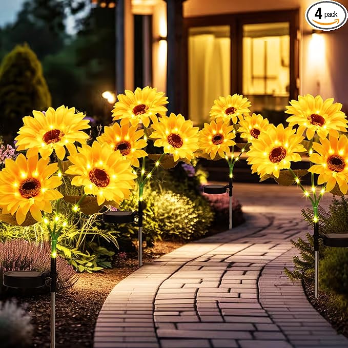 echosari 4 Pack Solar Lights Outdoor Waterproof, Sunflower Solar Stake Lights Auto ON/Off Solar Garden Decorative Lights for Lawn Pathway Landscape Birthday Gifts for Mom Women